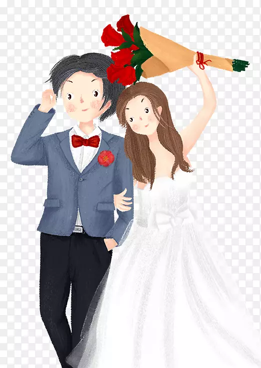 卡通手绘情人节七夕结婚婚纱照