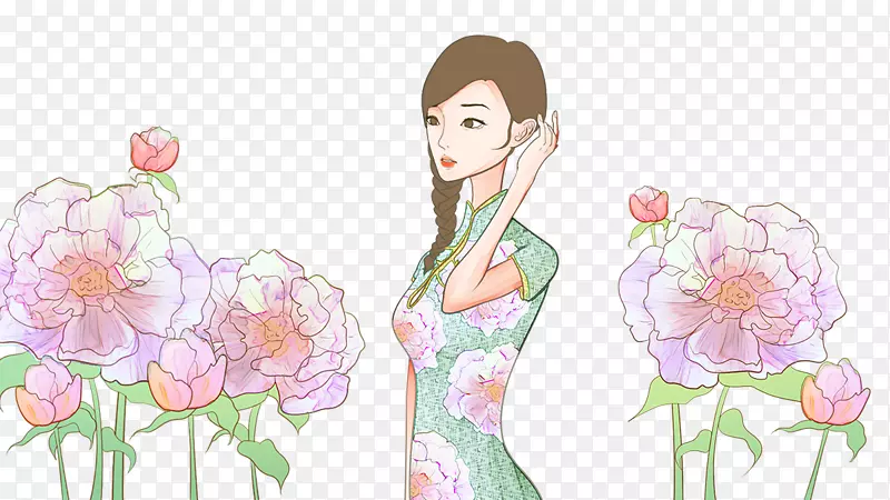 免抠卡通手绘复古中国风站在花朵