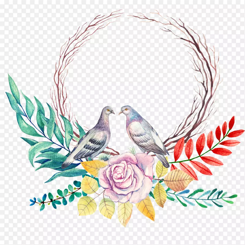 手绘彩色花卉花鸟装饰