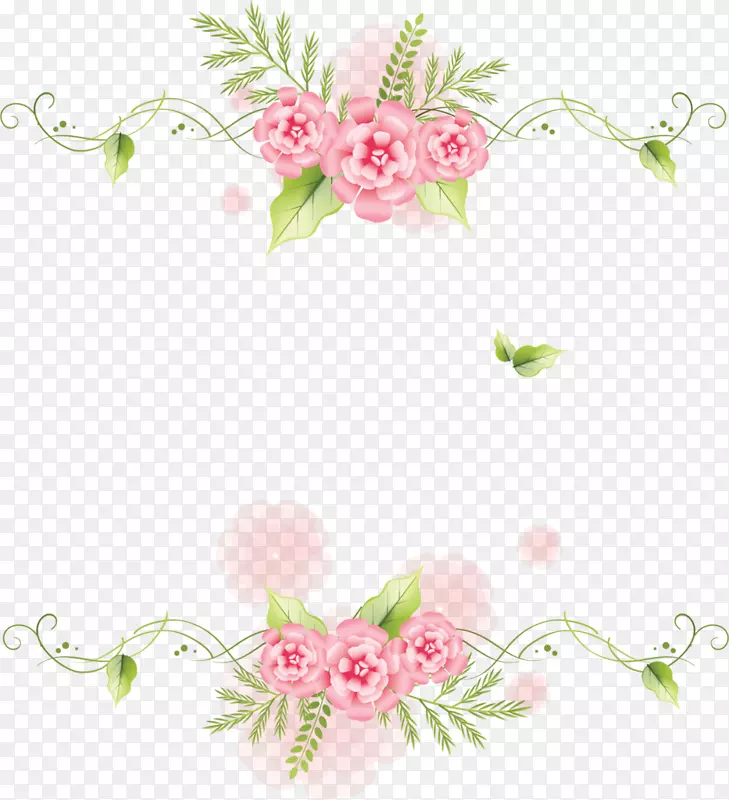 粉嫩花朵绿叶边框装饰