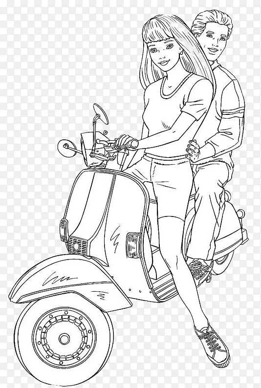 卡通插画女孩骑着电瓶车载着男孩