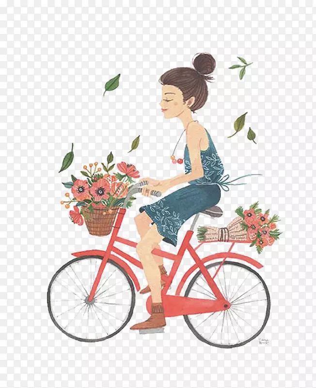 手绘春天小女孩骑车踏春