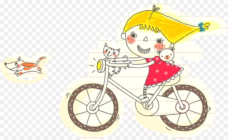 儿童画风格骑车的小女孩追逐小狗
