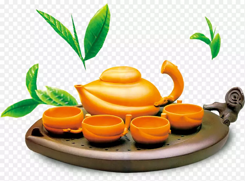 橘黄色的茶壶和绿叶