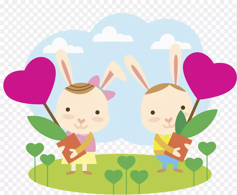 抱着红花的兔子卡通图