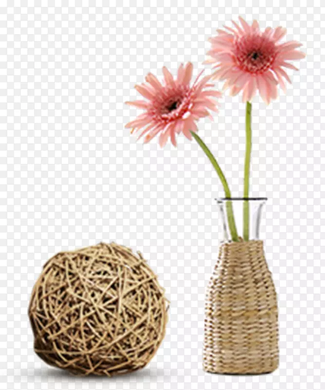 复古织布花篮粉色花和球