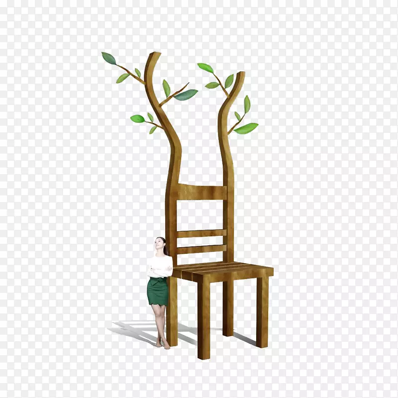 倚在椅子形状参天大树旁的商务女