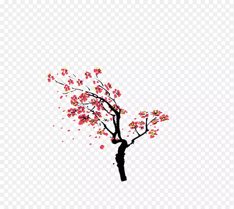风中的桃花树水墨画