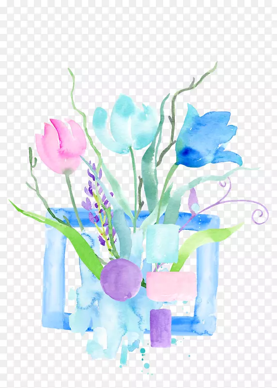 水彩蓝色边框和花卉