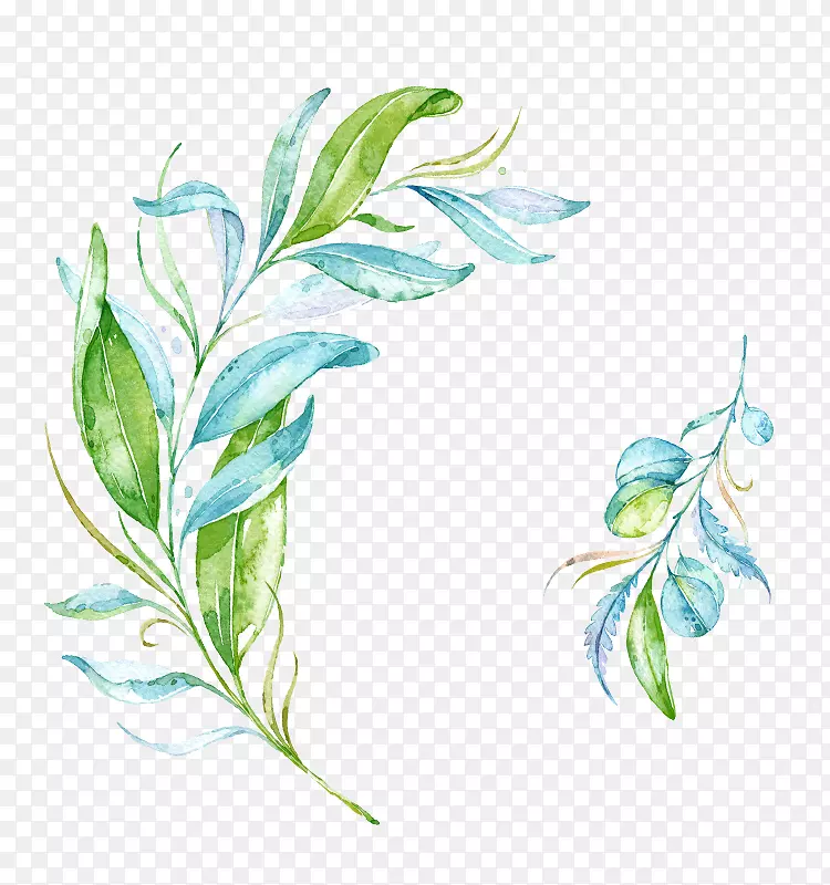 蓝绿色手绘水彩柳条枝