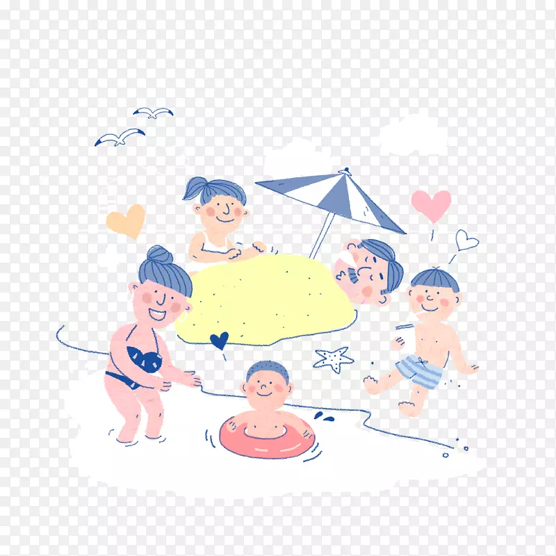卡通家庭海边沙滩度假人物插画