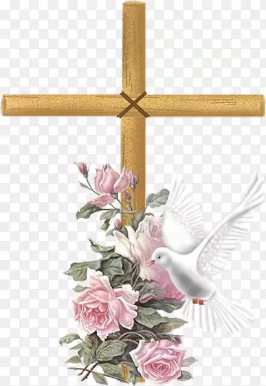 十字架和平鸽红色花朵
