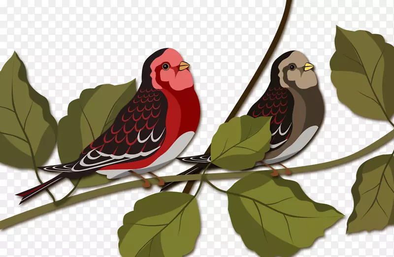 卡通手绘动植物枝头上的鸟