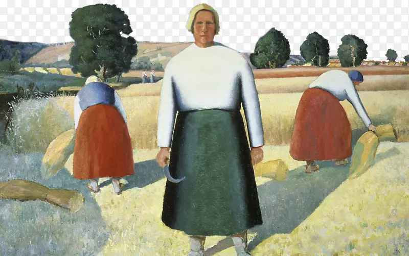 油画插图收割麦子的农村妇女