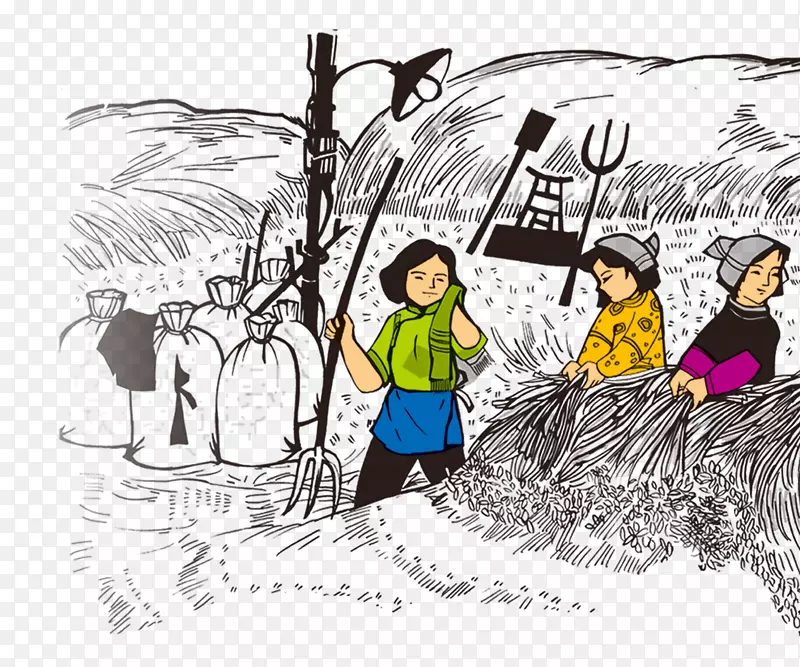 手绘插图麦地里收割麦子的妇女