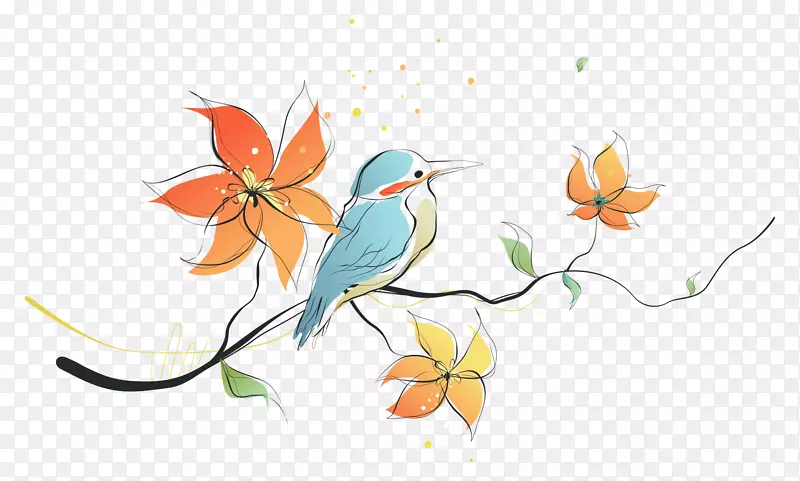 卡通手绘花枝上蓝色鸟插画