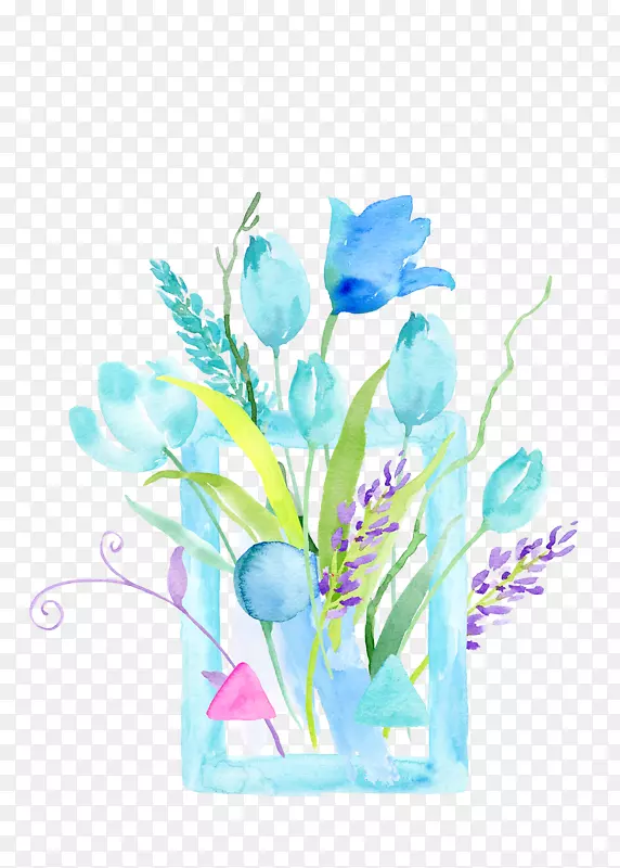 水彩蓝色边框和花朵