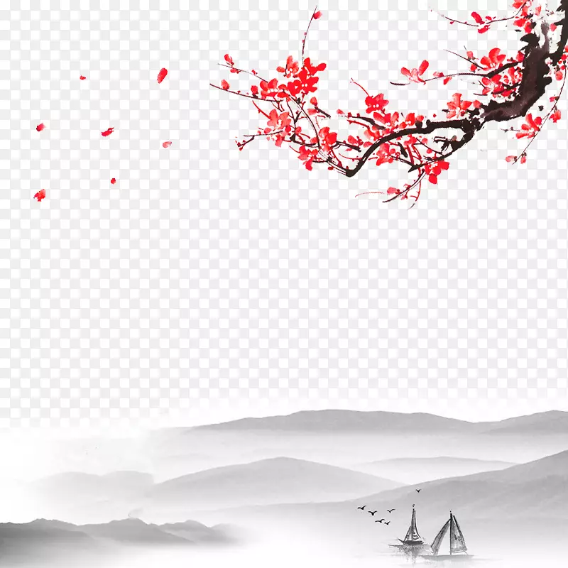 中国风山水间鲜红飘落梅花