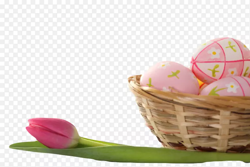 粉红色庆祝复活节食用彩蛋和鲜花