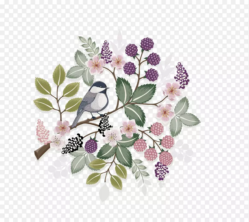 卡通手绘花朵与鸟