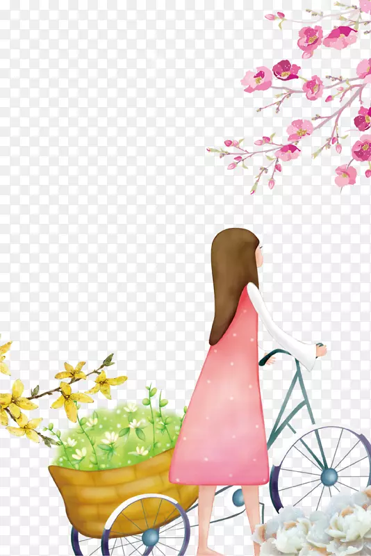 卡通手绘唯美春季少女插画免抠