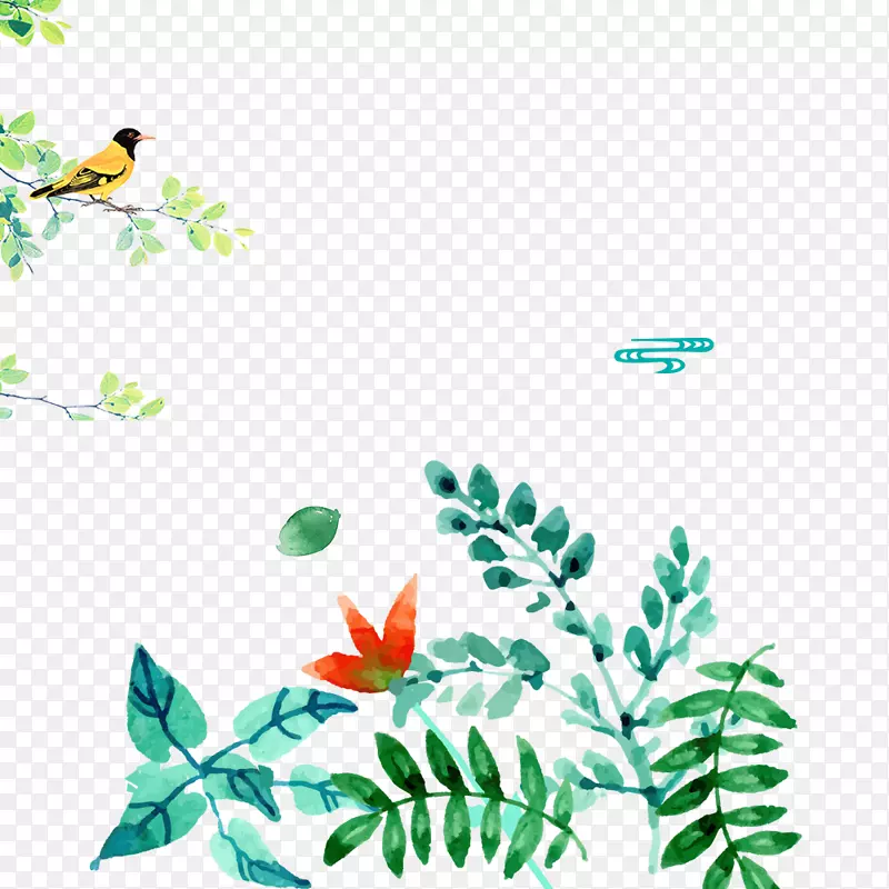 水彩叶子小鸟边框图形