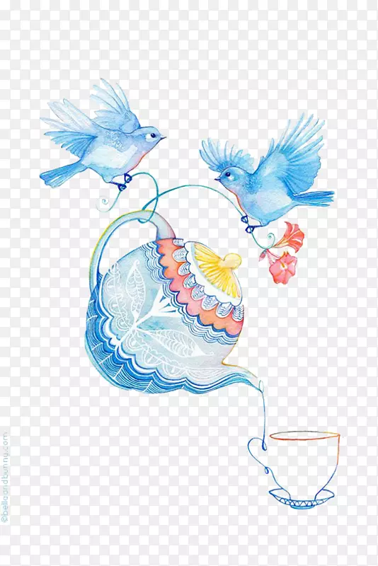 抽象插画蓝色小鸟