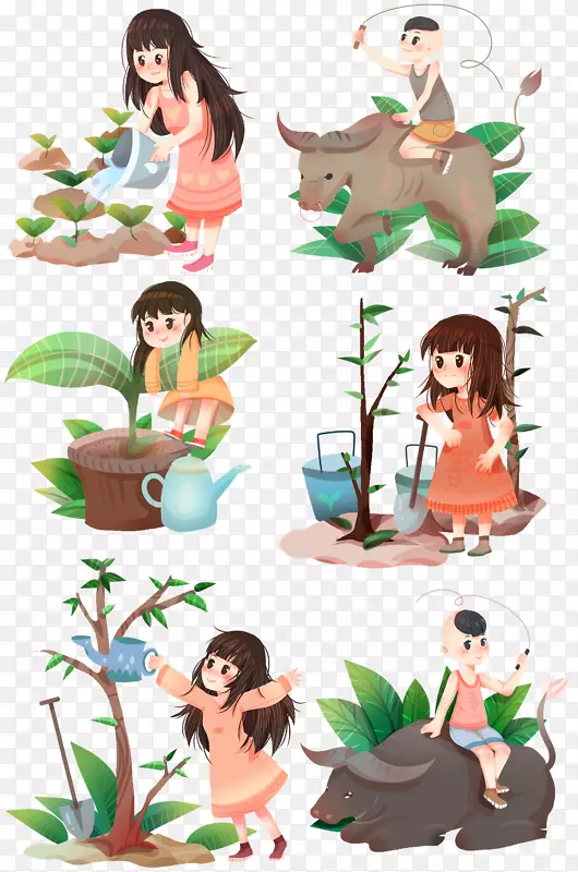 春天女孩植树浇水
