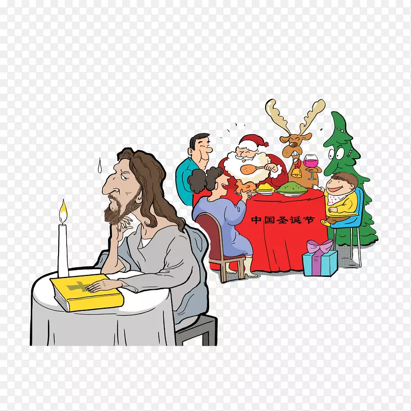 卡通狂欢的中国圣诞节和独坐一旁