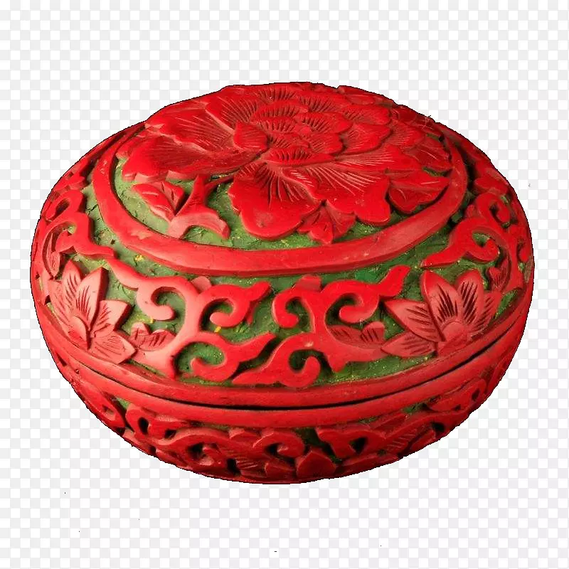 大红色雕刻花纹胭脂盒