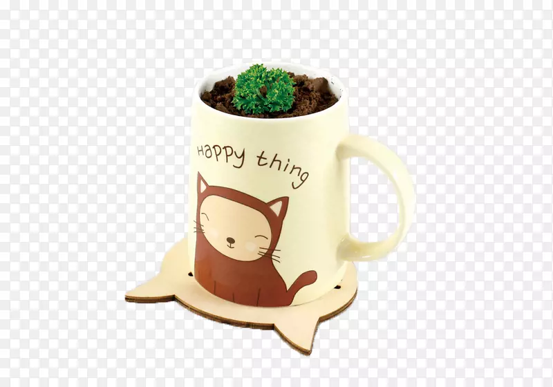 猫咪形状咖啡杯的盆栽奶茶