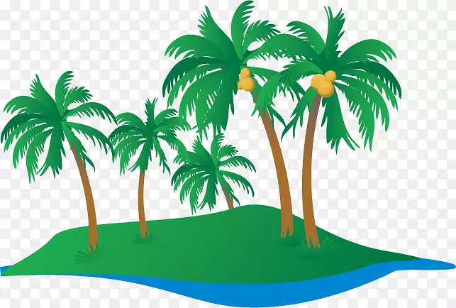手绘卡通绿色植物椰子树沙滩