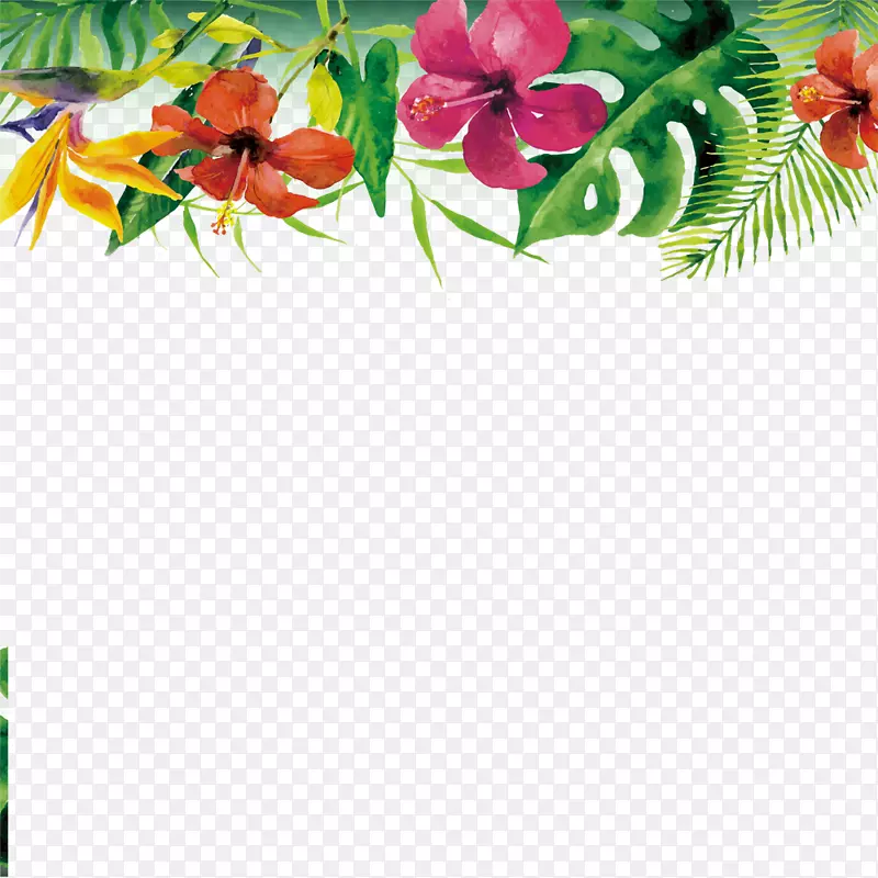 热带雨林锦簇的花朵树叶手绘边框