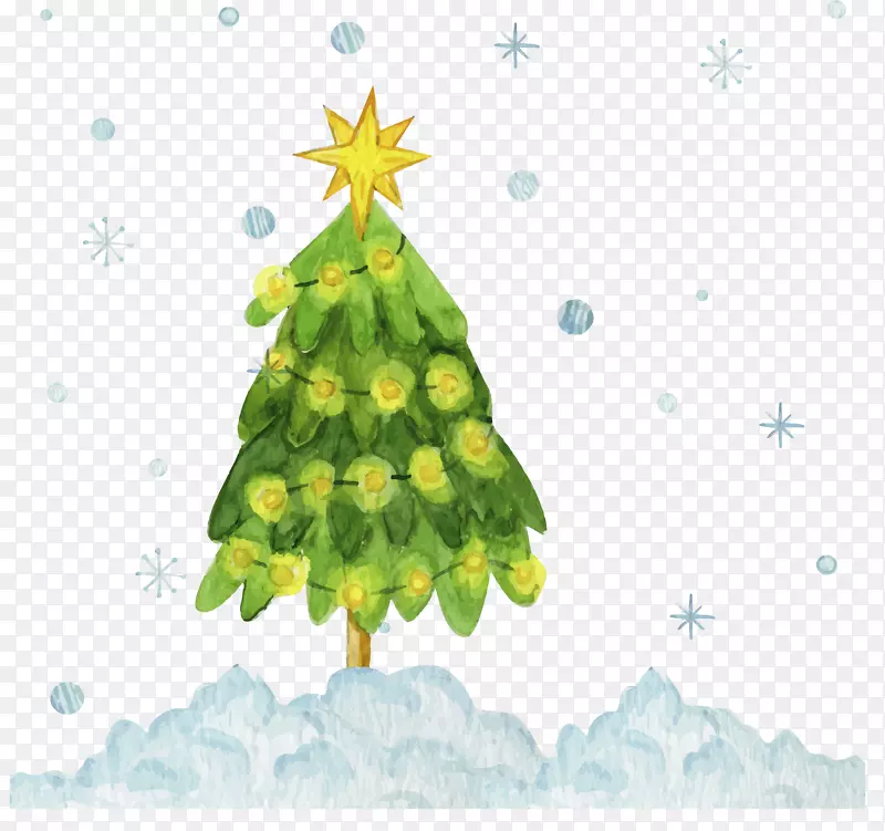 手绘水彩彩灯圣诞树
