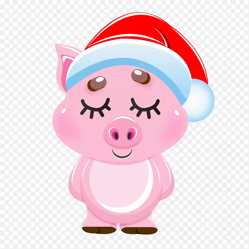 一只戴圣诞帽的卡通小猪