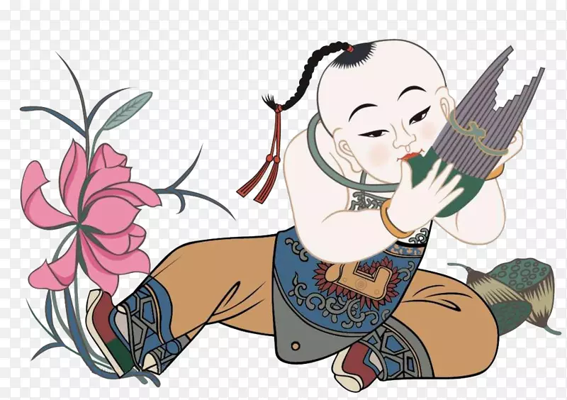 工笔画吹芦笙的胖娃娃