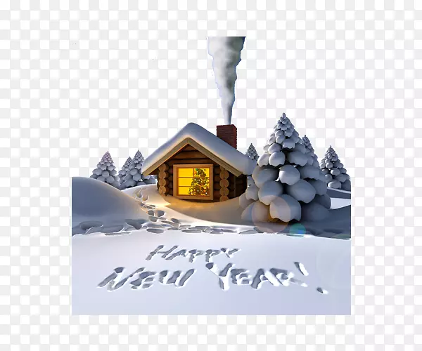 手绘冬天雪地和房子