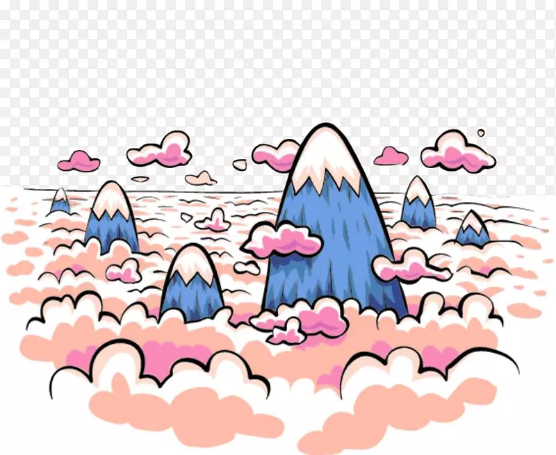 手绘云层里的山
