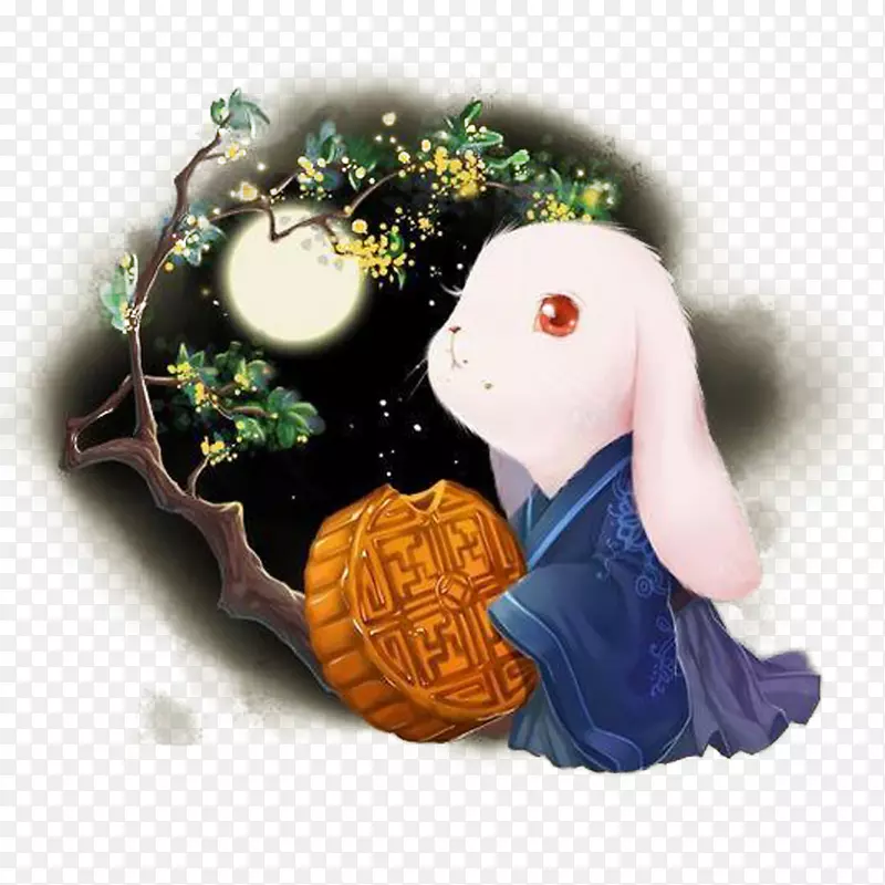 卡通手绘兔子与月饼