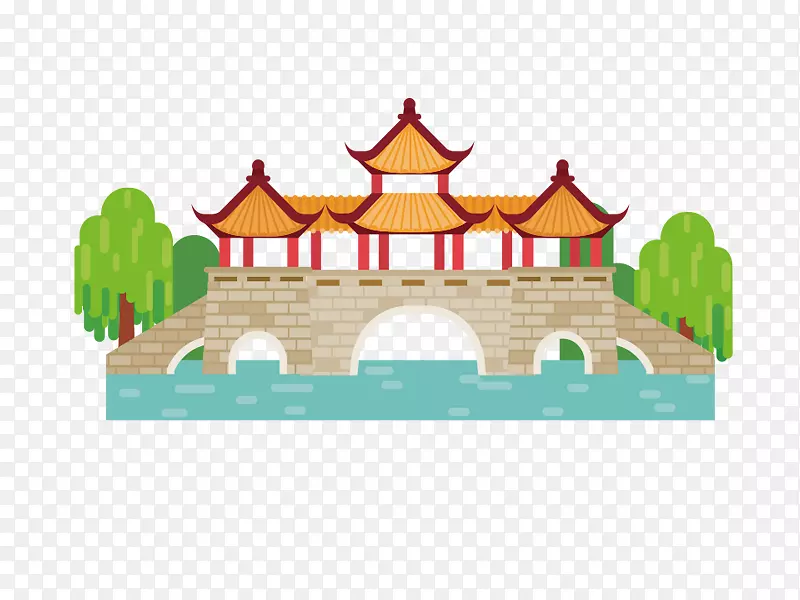 卡通手绘河边的桥