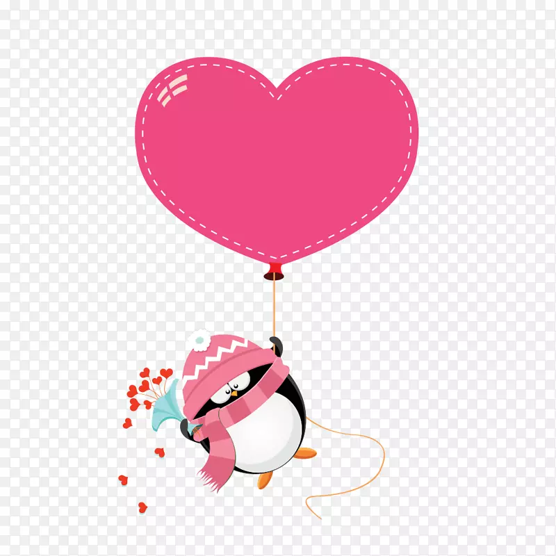 手绘卡通QQ企鹅手握心形气球