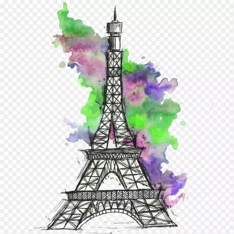 烟云水彩彩绘巴黎铁搭矢量素材