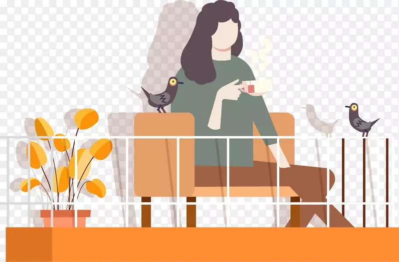 手绘阳台喝咖啡女生插画装饰图案