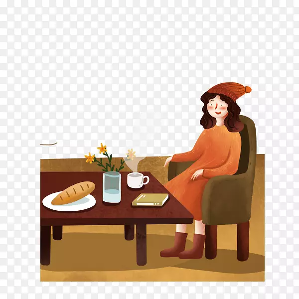 卡通手绘餐厅里喝咖啡的女人