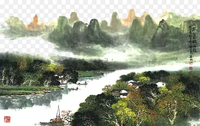 中国风彩色山水图案