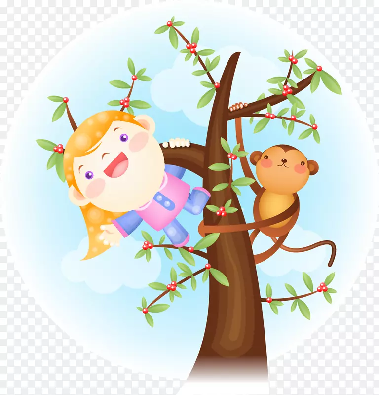 爬在树枝上的小女孩与猴子