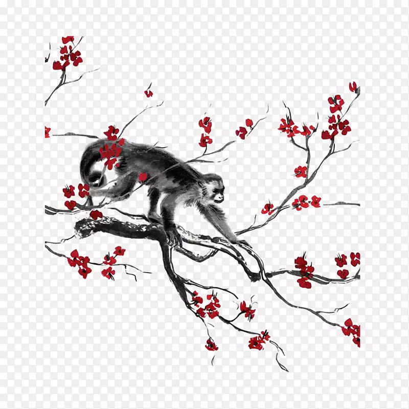 中国风水墨画猴子爬树免抠