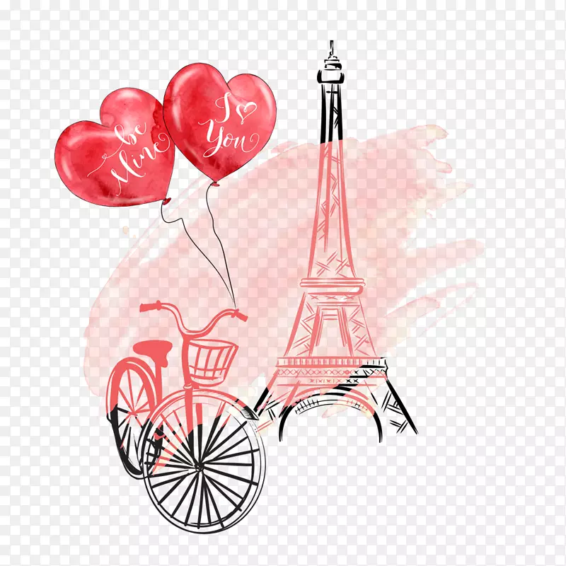 自行车桃心水彩彩绘巴黎铁搭矢量