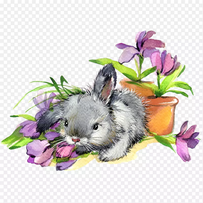 紫色花朵盆栽和灰色小兔子