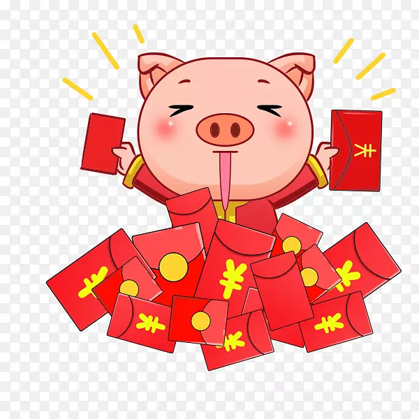 手绘猪年小猪和红包